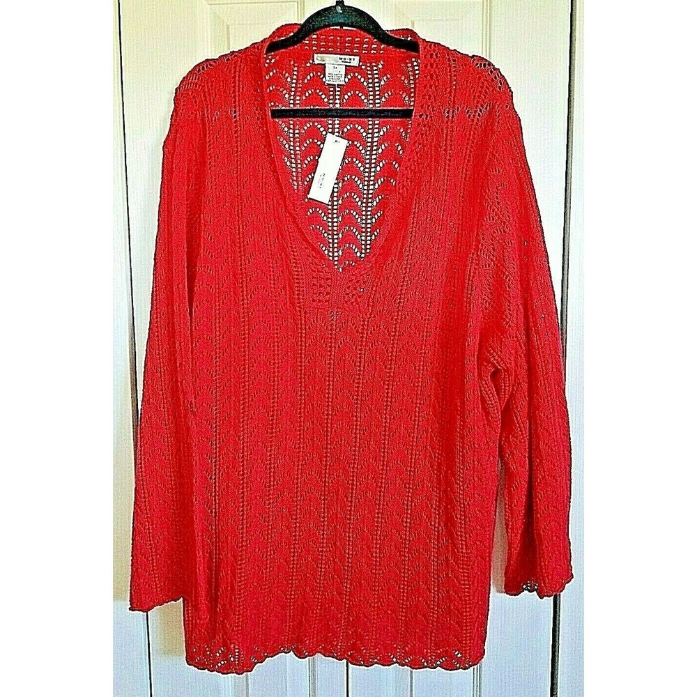 WDNY 3X Red‎ Cotton Open Knit Sweater Plus Size NWT SMUDGE ON SLEEVE PHOTO #3.